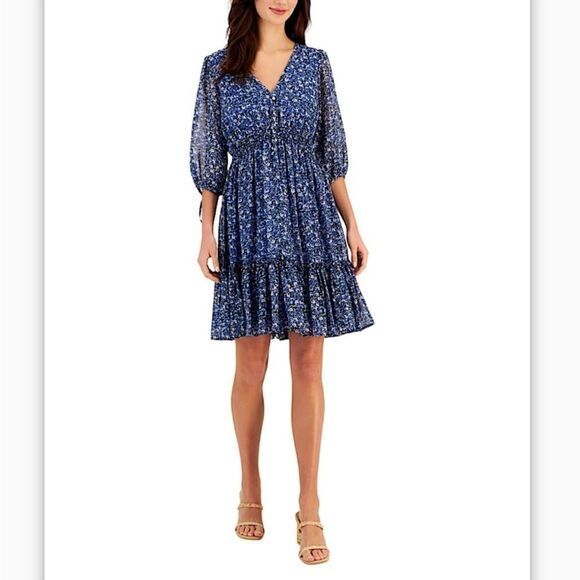 TAYLOR Women's Floral-Print Tiered Ruffle Hem Dress Sz 8P V-Neck Smocked Waist - Picture 4 of 16